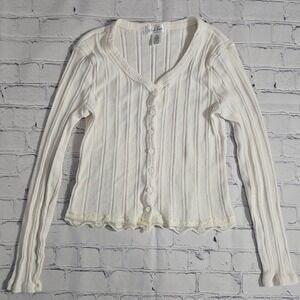 White Fawn Womens XL Cream Ribbed Lace Trim Button Front Cardigan Sweater